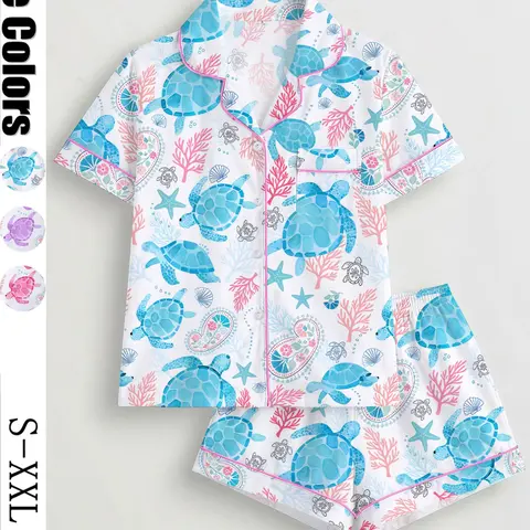 Women's Turtle Print Sleepwear Set, Short Sleeve Button-Up Top & Elastic Shorts, Casual All Seasons Pajamas, Comfortable Home Wear, Loungewear, Homewear, Lady, Breathable Summer Sleepwear, Casual Nightwear, Lounge Pjs Set, Pajama Sets