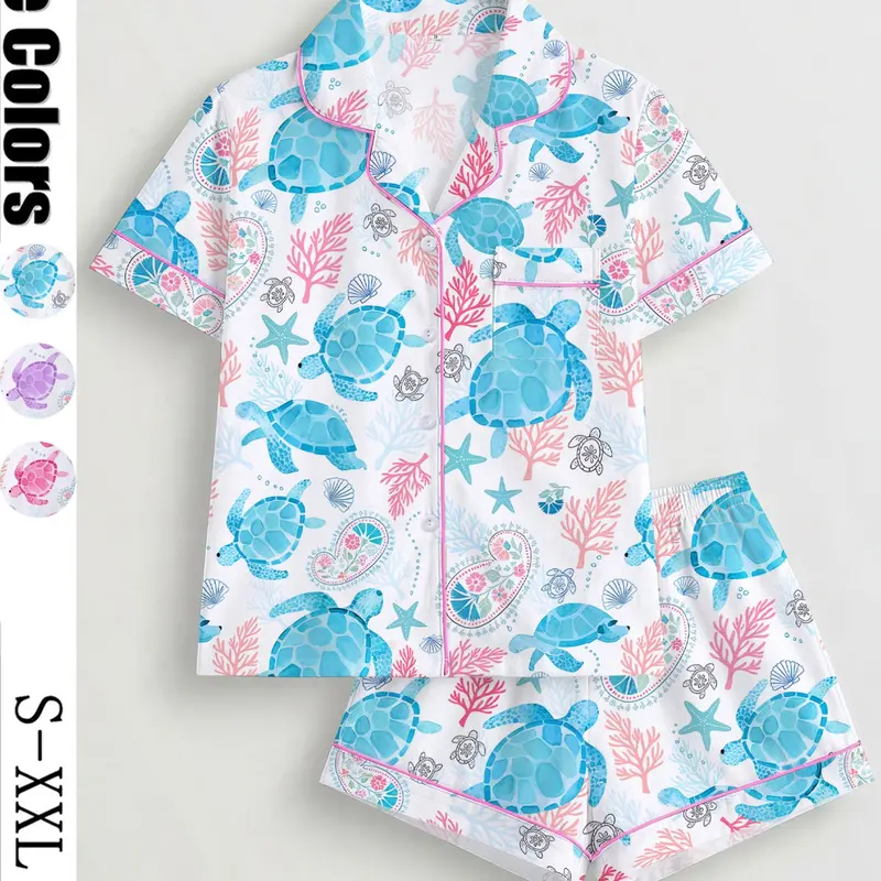 Women's Turtle Print Sleepwear Set, Short Sleeve Button-Up Top & Elastic Shorts, Casual All Seasons Pajamas, Comfortable Home Wear, Loungewear, Homewear, Lady, Breathable Summer Sleepwear, Casual Nightwear, Lounge Pjs Set, Pajama Sets