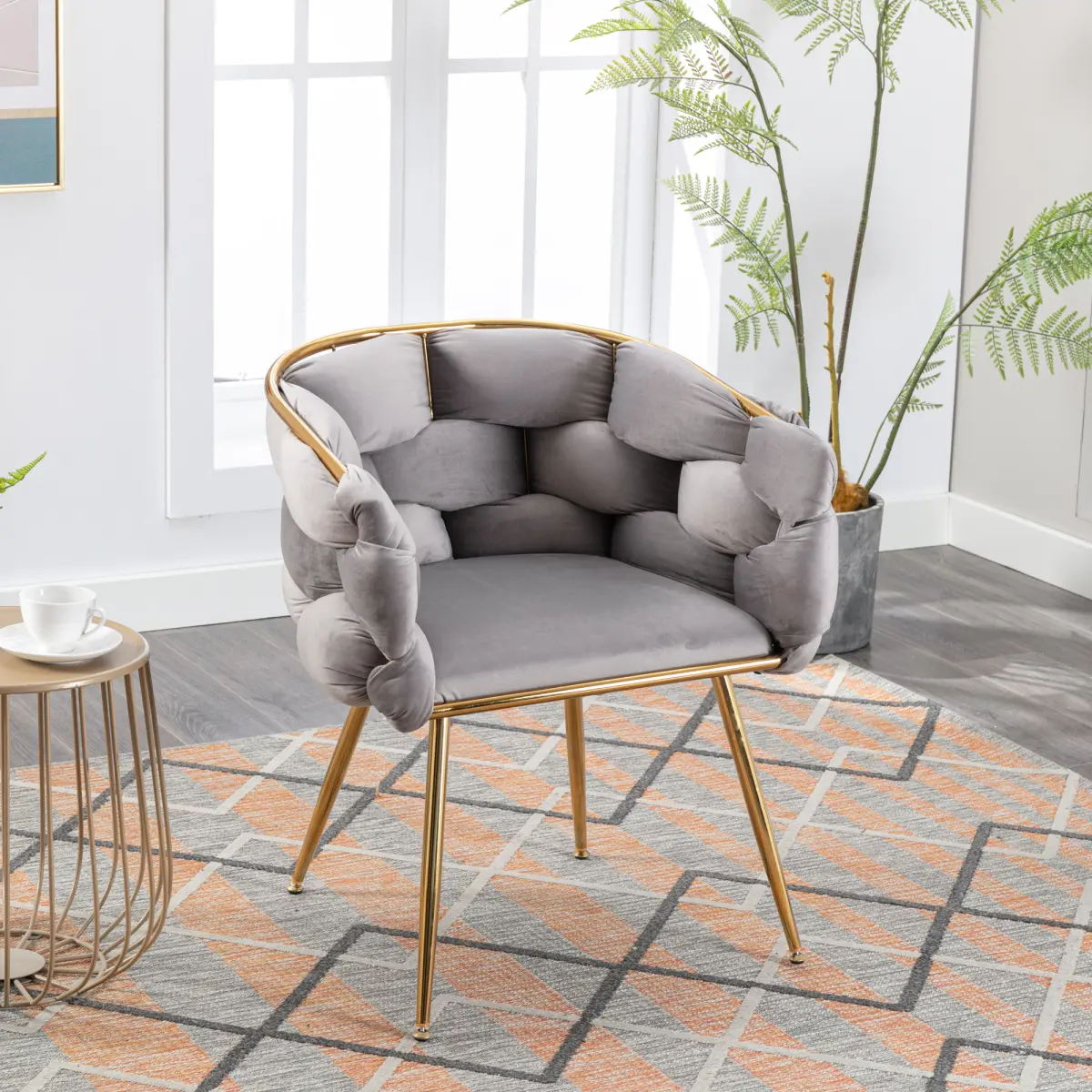 Gray Luxury Modern Simple Velvet Single Tub Chair - Backrest, Cloud-Soft, Lounge, Curvilinear, Scandinavian Styles - Ideal for Bedroom, Dresser Stool, Manicure Table Use, Backrest Tub Chairs, Cloud-Soft Tub Chairs