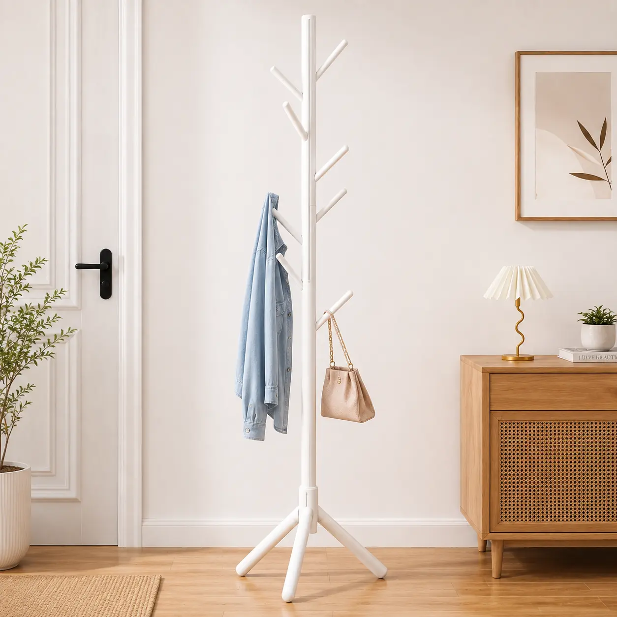 Vertical Solid Wood Coat Rack Stand, Tree Branch Tree Hooks Coat Hanger with 3-Leg Base, Freestanding Organizer for Entryway, Bedroom
