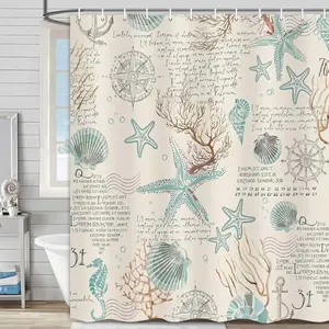 Nautical Beach Shower Curtain, Coral Starfish Shell Ocean Theme Bathroom Curtain, Fun Kids Bath Curtain Set with Hooks, 70.866 X 70.866 Inches