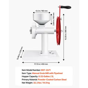 VEVOR Manual Grain Mill with Flywheel, Hand-Crank Corn Grinder, Heavy-Duty Carbon Steel Wheat Grinding Mill with Adjustable Fineness 0.53 Gallon Hopper for Grains Spices Coffee Beans Nuts