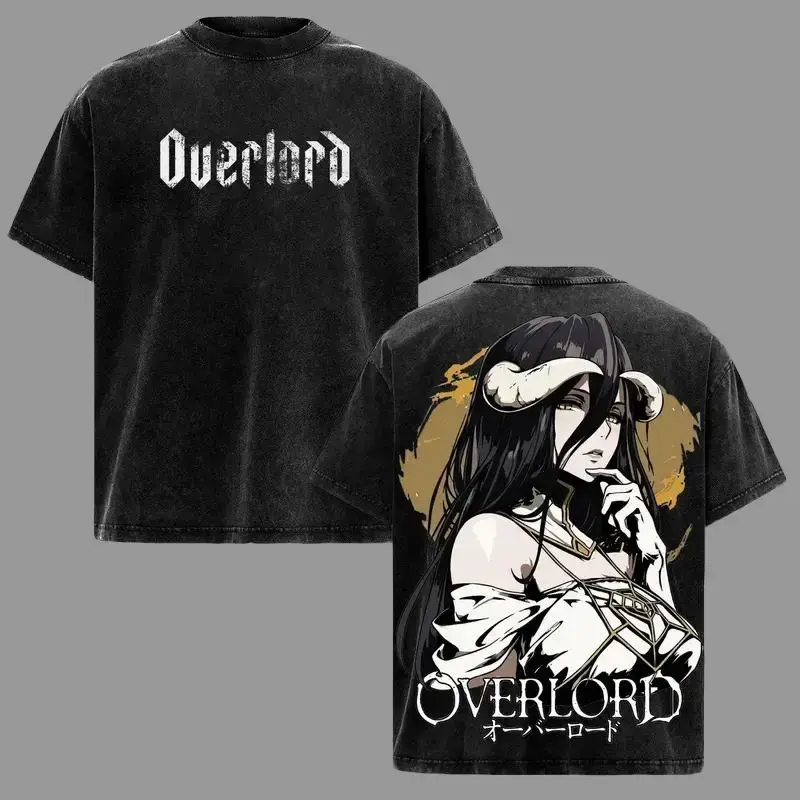 Men's Albedo Overlord Anime Double-Printed Vintage Washed Heavyweight Cotton T-Shirt - Menswear Top, Unisex Casual Baggy Ribbed Seamless Short-Sleeve Apparel Crewneck Streetwear Tshirt