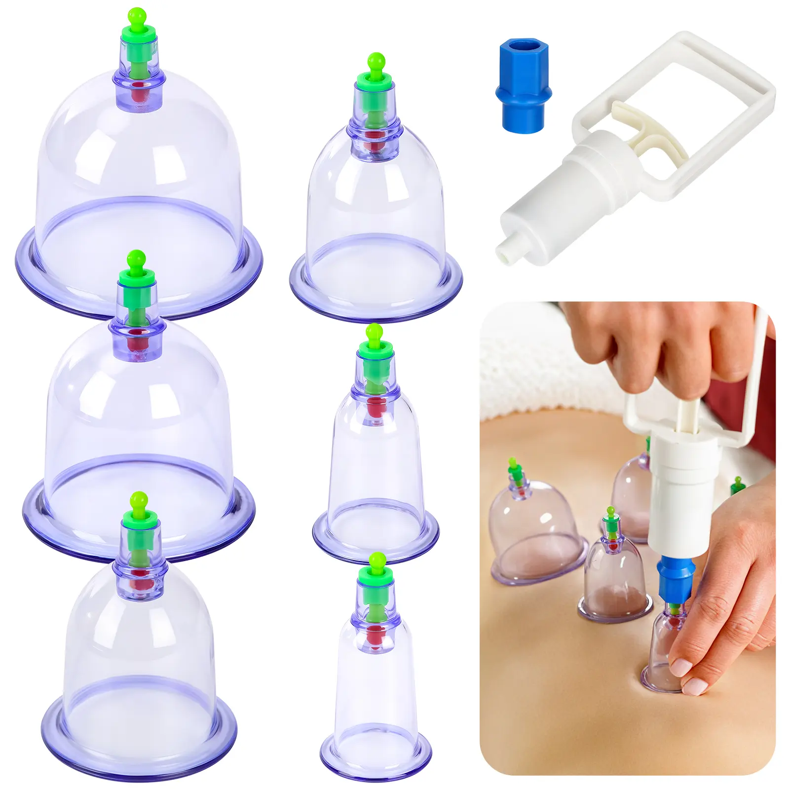 Portable Home Vacuum Cupping Set – 6 Cups + Hand Pump for Back, Shoulder, Neck & Legs – Muscle Relaxation & Massage Tool for Self-Care, Sport Recovery – Reusable & Easy to Clean