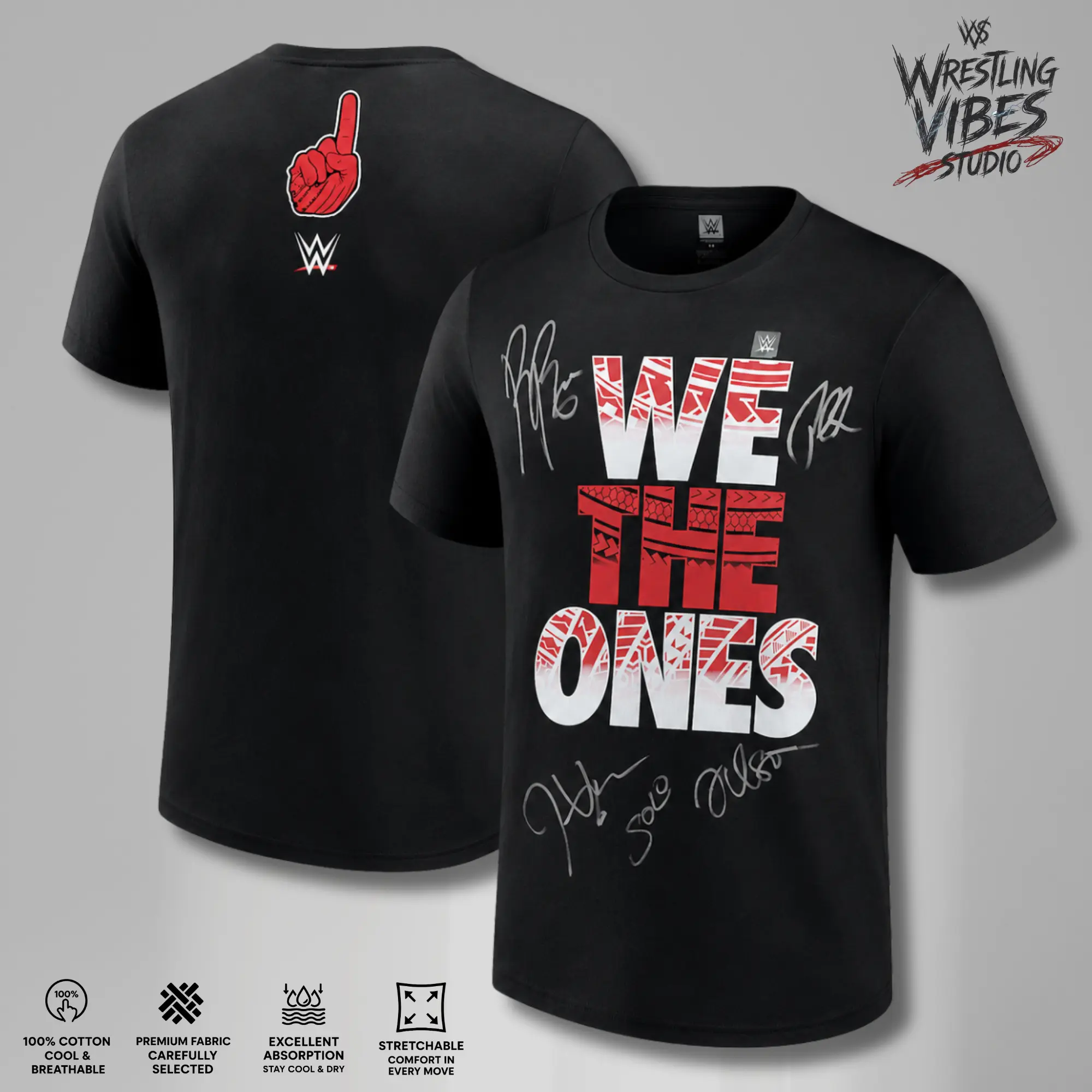The Bloodline WWE Autographed We The Ones Tribal T-Shirt with 5 Signatures including Roman Reigns, Paul Heyman, Jey Uso, Jimmy Uso & Solo Sikoa