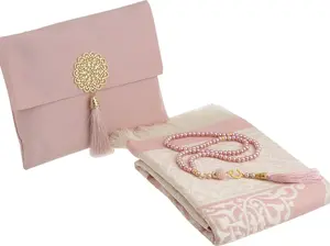 Muslim Prayer Rug with Tasbih and Portable Bag, Muslim Gift for Women Men, Mubarak Islamic Box, Soft Mat Islam Gifts Set, Turkish Sajadah for Ramadan, Eid, Hajj, Travel, Pray (Powder Pink)
