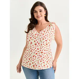 BloomChic Women's Plus Size Tank Top, M-6X, Polyester Fabric Garment with Floral Print, Bowknot Shoulder, Slim Fit, Sleeveless Design for 2026 Summer Vibes