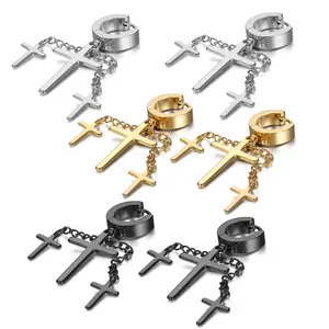 OIDEA Double Cross Dangle Huggie Earrings in Stainless Steel, Punk Ear-Chain Jewelry for Men and Women