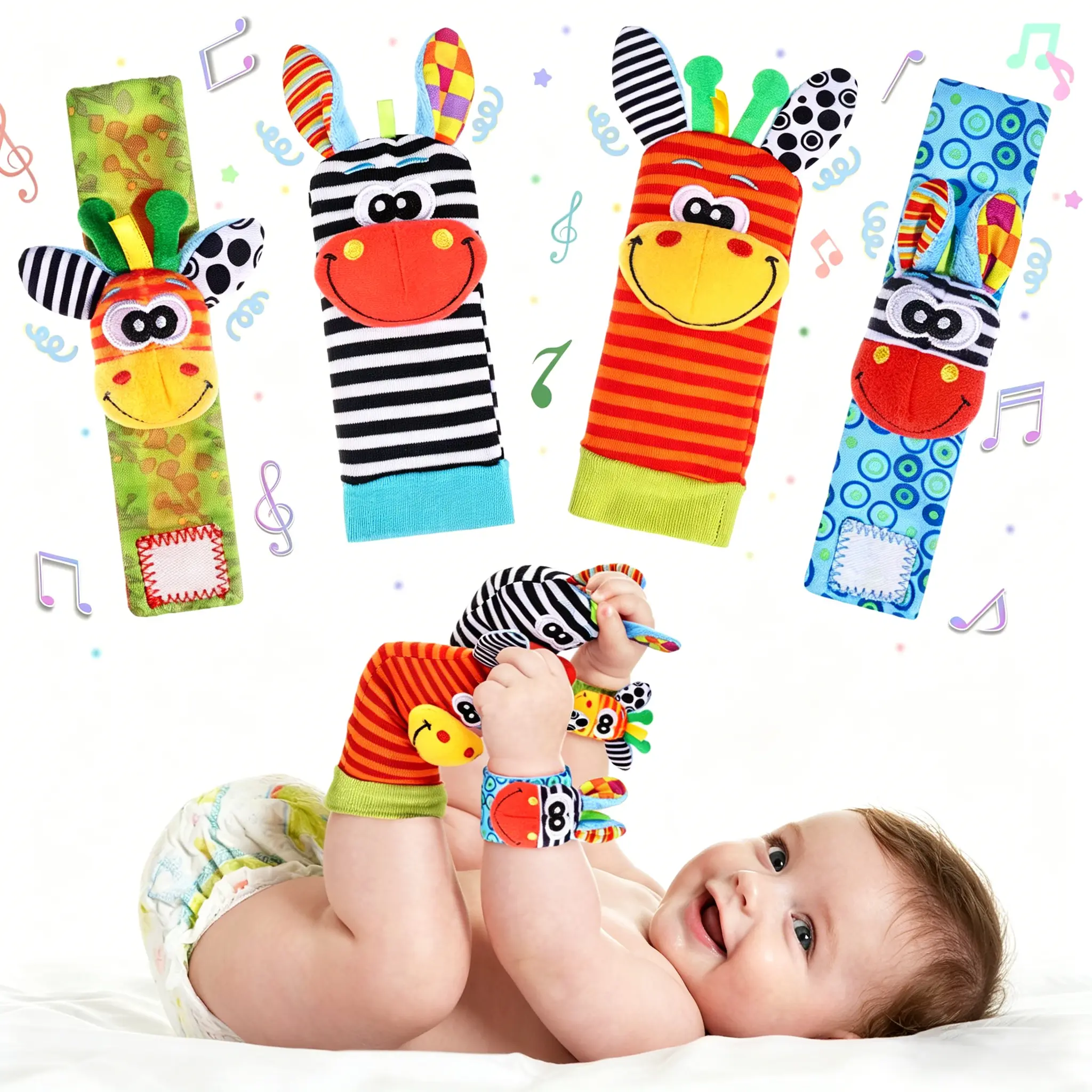 Newborn Cartoon Animal Wrist Ring Sock Set - Plush Toys, Baby Products, Sensory Products, Newborn Baby Products, Cute Indoor Clothing, Colorful Styles, Sensory Training and Color Recognition Tools, Children's Gifts