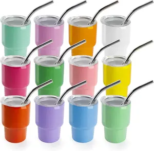 Joyclub 3 oz Mini Tumbler Shot Glass with Straw and Lid 12 Pack Colored Stainless Steel Sublimation Shot Tumblers Mini Cup for Wedding Party Whiskey Favors