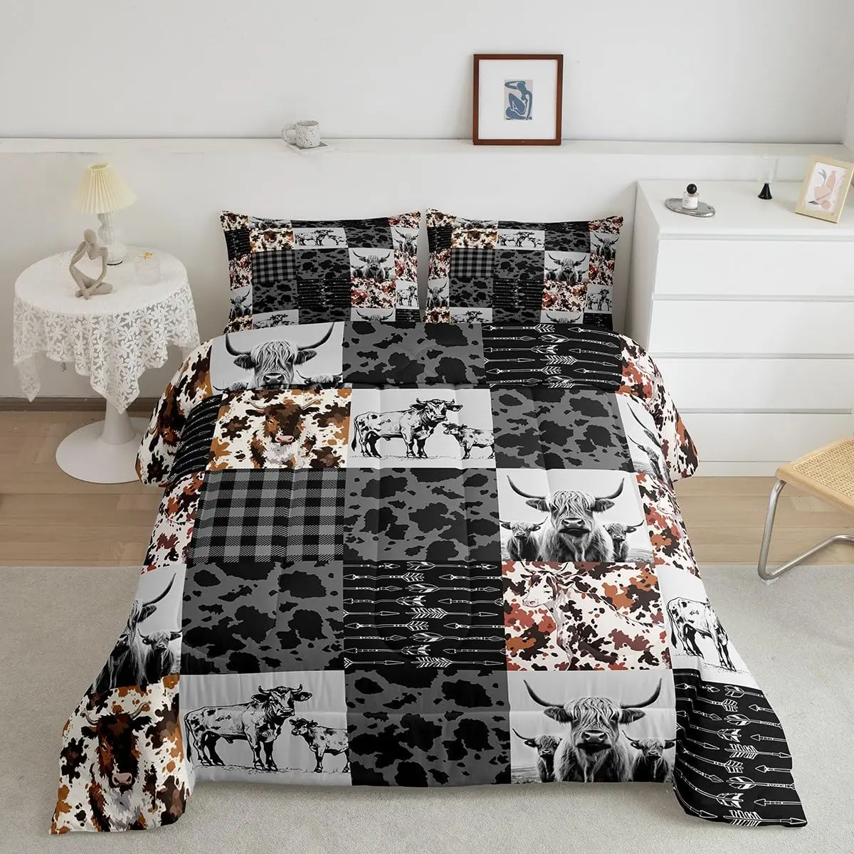 Feelyou Highland Cow Bedding Set - Milk Cow Print Bed Comforter, Rustic Charm Farmhouse Quilt, Western Decor Wildlife Longhorn Cattle Queen Bedding Set, Bedding Sets