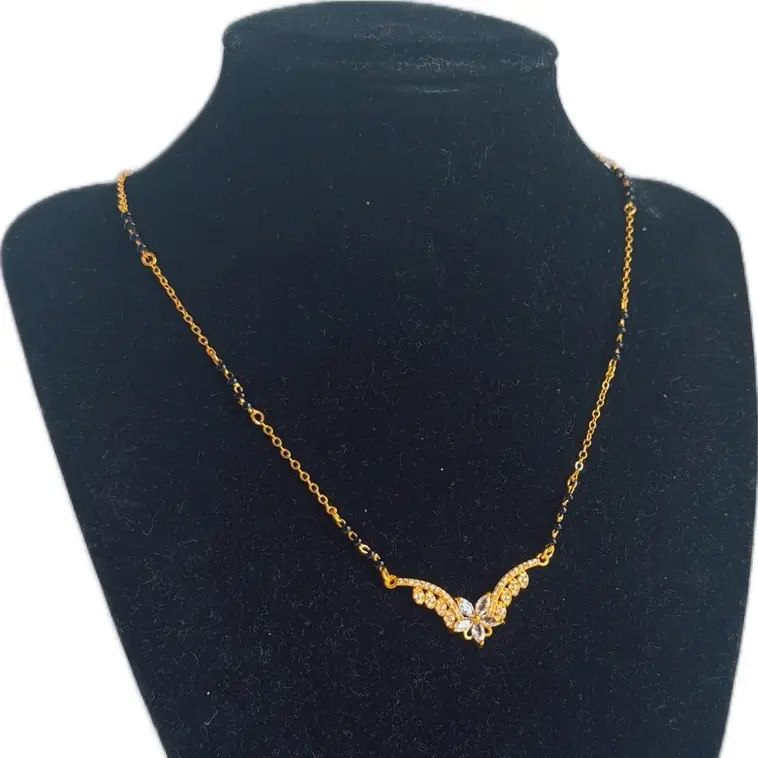 Gold-Tone Mangalsutra Necklace for Women with Modern Flower Accents, Fashionable Jewelry Accessories for Daily Wear, Flowers, Everyday, Casual, Metal Coated, Short, One-Piece