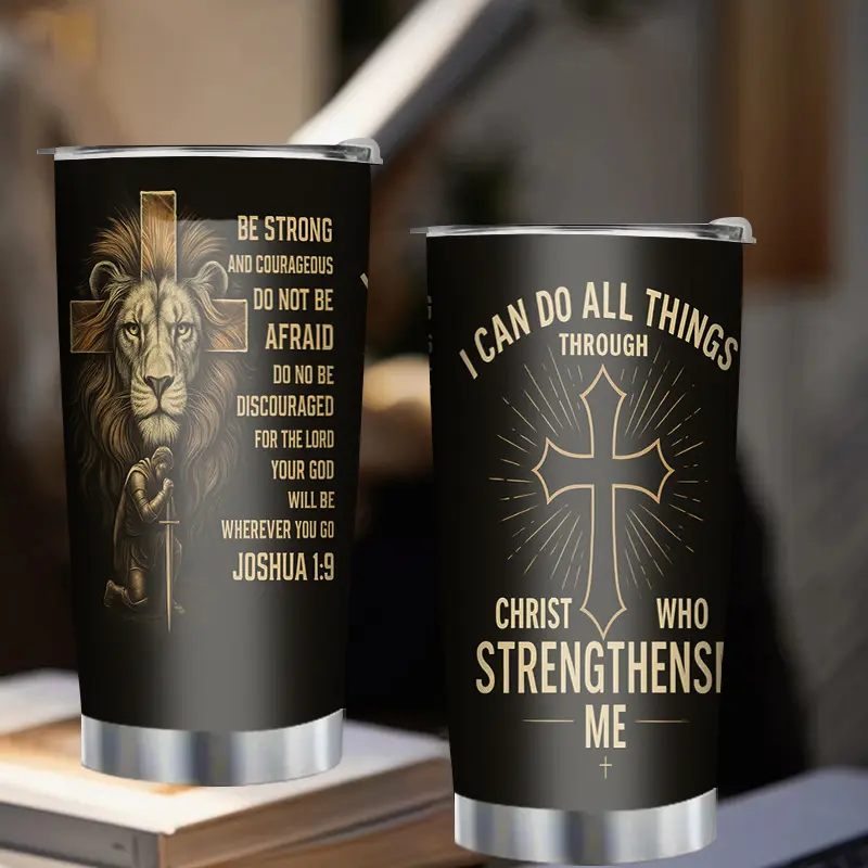 20oz Christian Lion & Cross Vacuum Tumbler - Insulated Stainless Steel Reusable Drink Mug with Lid, Joshua 1:9 & Philippians 4:13 Verses, Portable Faith Kitchenware Flask, Insulation