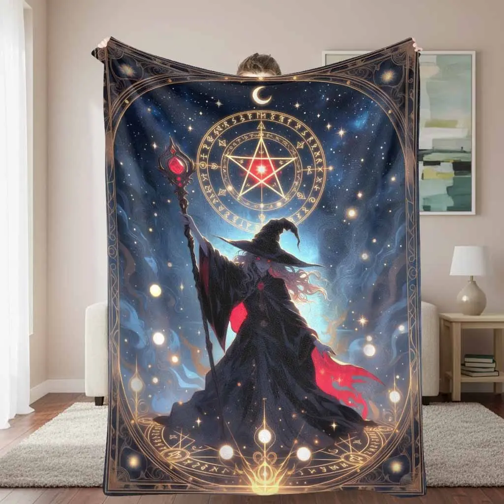Mystic Sorceress Pentagram Flannel Blanket - Dark Witch Magic Circle Print, Textured, Soft, Warm, Durable, Cozy, Ideal for Bedroom Decor & Halloween Party, Thoughtful Gift for Friends
