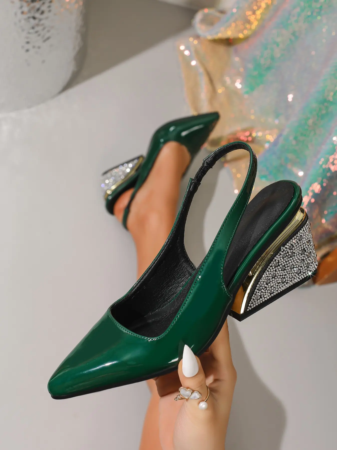 Multicolor Pointed Toe Rhinestone Wedge Shoes, Glossy Back Cut Design, Elegant Women High Heel Glitter Decorated Sandals for Wedding Parties, Spring & Fall, Footwear, Fashionable Heeled Sandals, Elegant Heeled Sandals