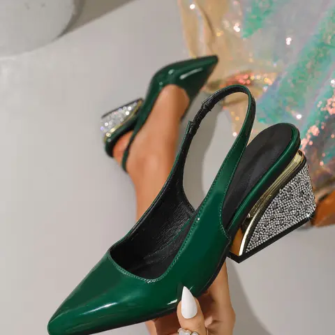 Multicolor Pointed Toe Sparkly Rhinestone Wedge Shoes, Glossy Back Cut Design, Elegant Women High Heel Glitter Decorated Sandals for Wedding Parties, Spring & Fall, Footwear, Fashionable Heeled Sandals, Elegant Heeled Sandals, Embellished Sandals