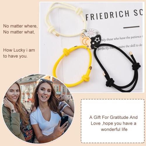 3-Pcs Sun, Moon, Star Magnetic Bracelet, BFF Puzzle Design Jewelry with Sequin Details, Ideal Friendship Gift for Sister & Best Friends, Graduation Back to School Gift