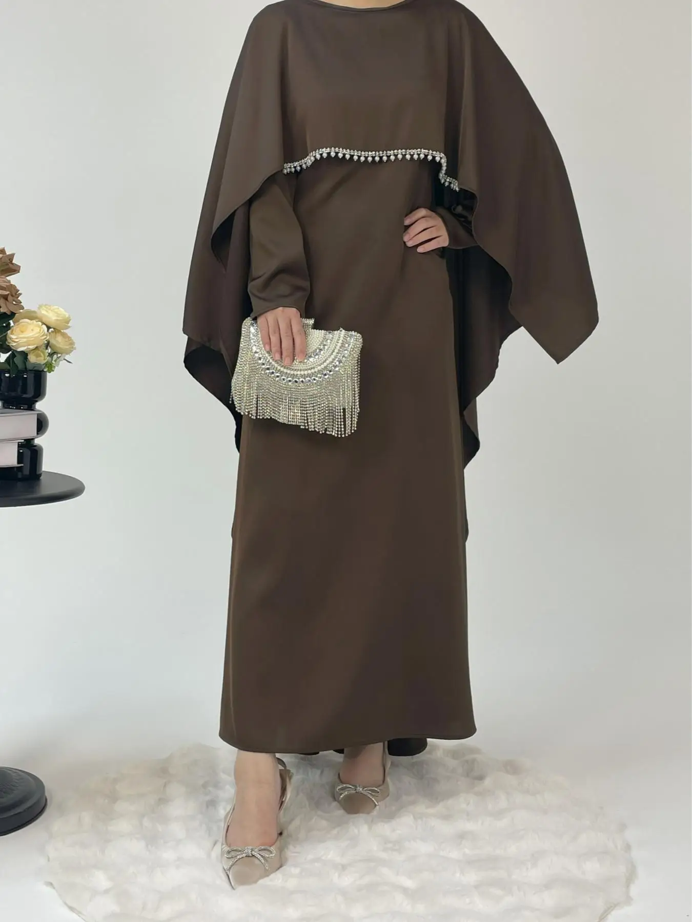 Women's Faux Pearl Decor Abaya Dress, Elegant Long Sleeve Round Neck Dress for Party Evening Formal Occasions, Ladies Islamic Clothing for All Seasons