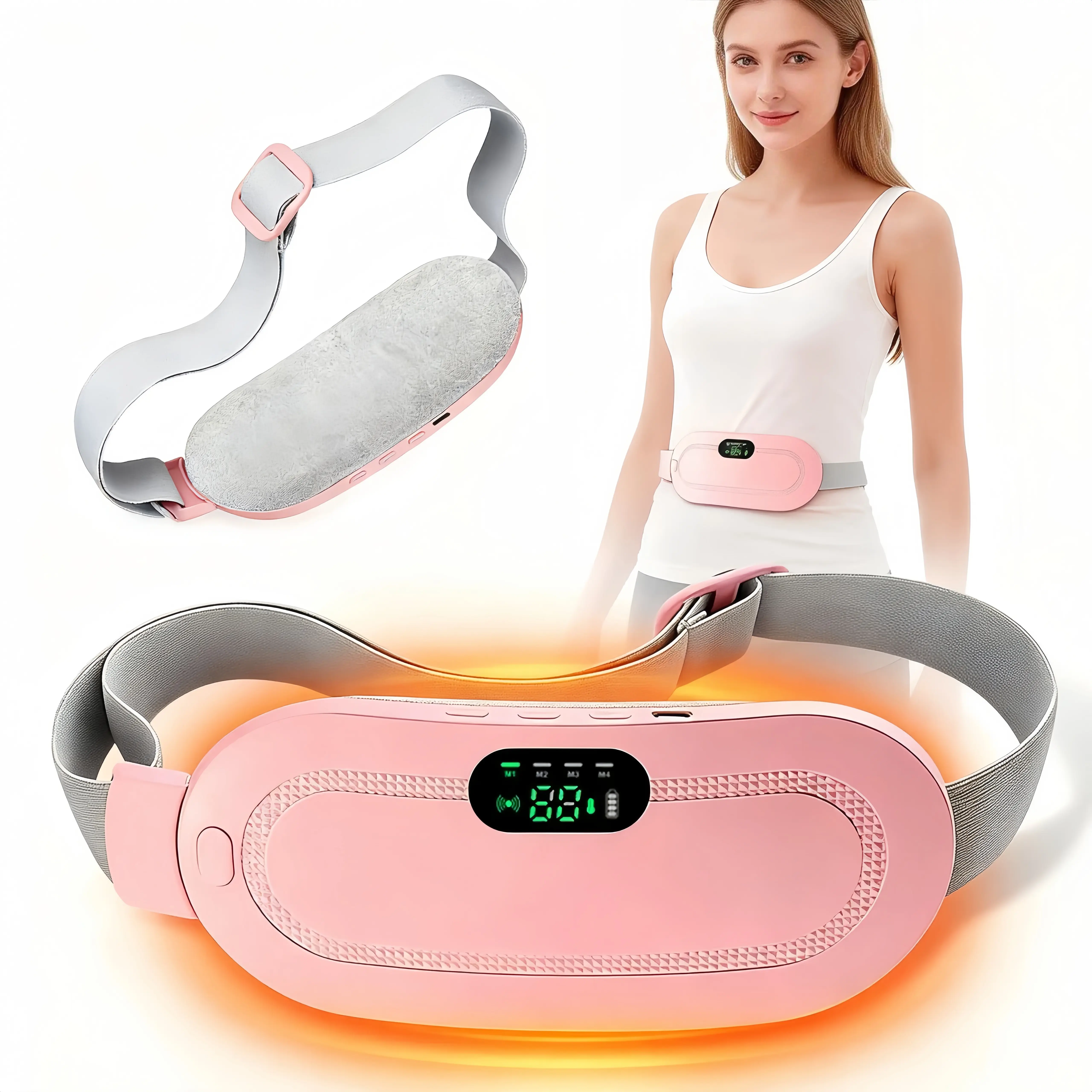 Wearable Cordless Heating Pad for Period Pain Relief Portable Menstrual Heating Belt with Massage Rechargeable Heating Pad Featuring 3 Heat Levels & 4 Massage Modes for Back, Waist & Abdominal Comfort