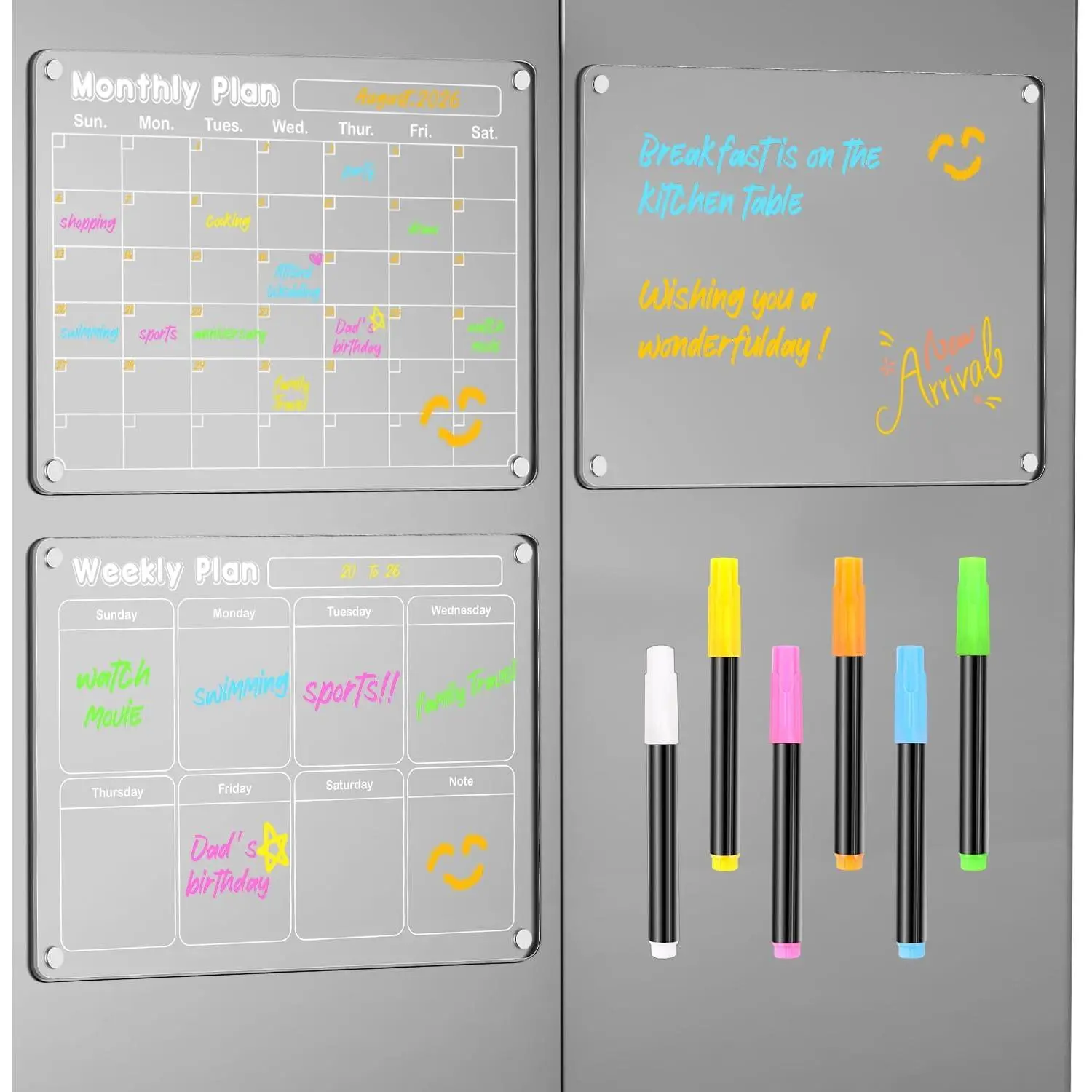Planning Pads 3Pack Acrylic Magnetic Dry Erase Calendar for Fridge Clear Calendar Set 2026 Magnetic Weekly Monthly Memo Planner Board