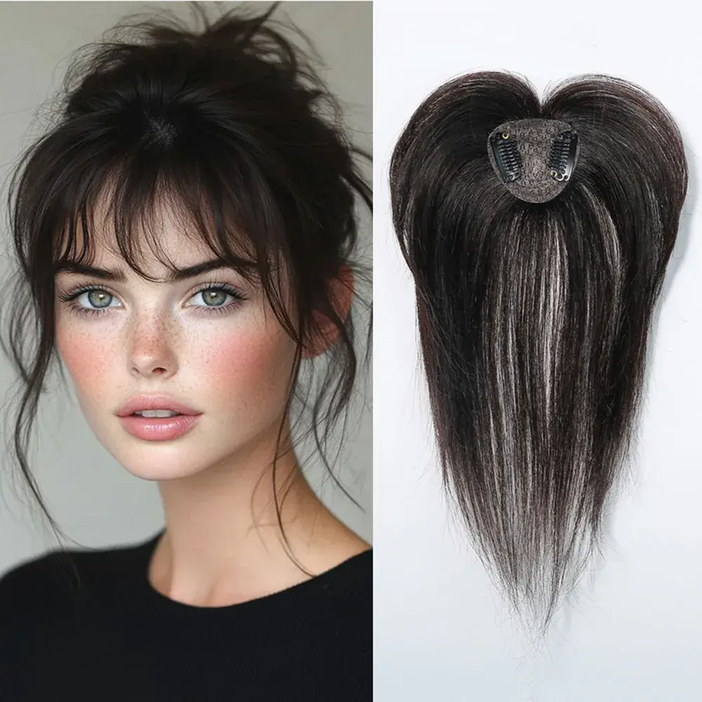 100% Remy Human Hair Toppers with Bangs Light Brown Hairpieces 3D Wispy Bangs for Women Thin Hair Real Human Hair Topper Clip In HAIRCUBE