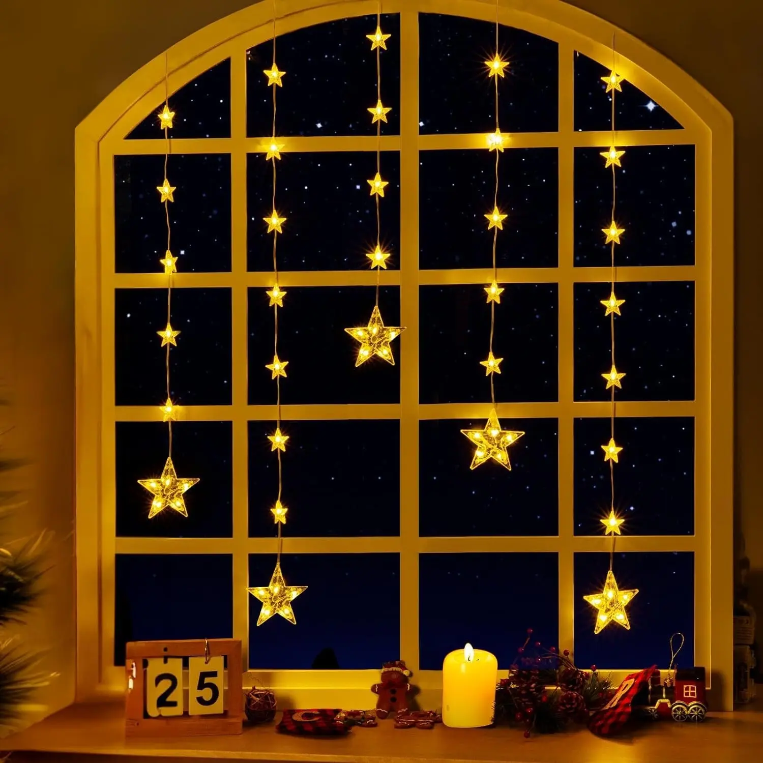 32 Stars Curtain Lights 2 in 1 Color Changing Christmas Star Window Lights for Festive Window Decoration Ornaments Holiday Led Celebration, Home Decor Ornaments, Led Lighted