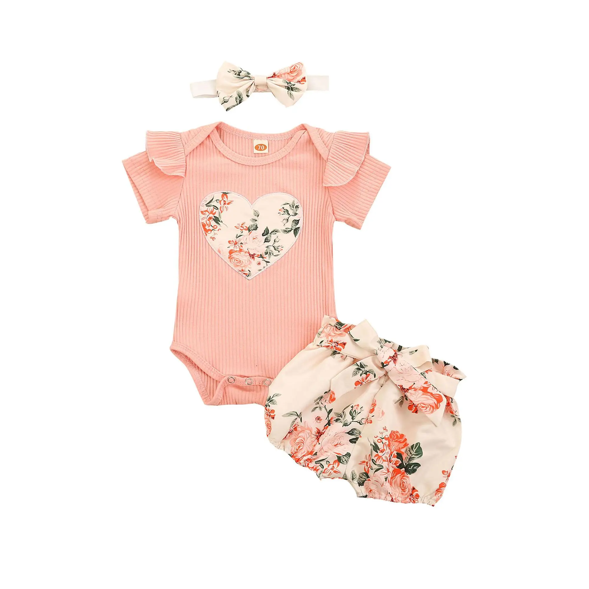Baby Girl Summer Clothes Set Ruffle Flying Sleeve Rib Knitted Romper Floral Suspender Shorts Headband 3PCS Set