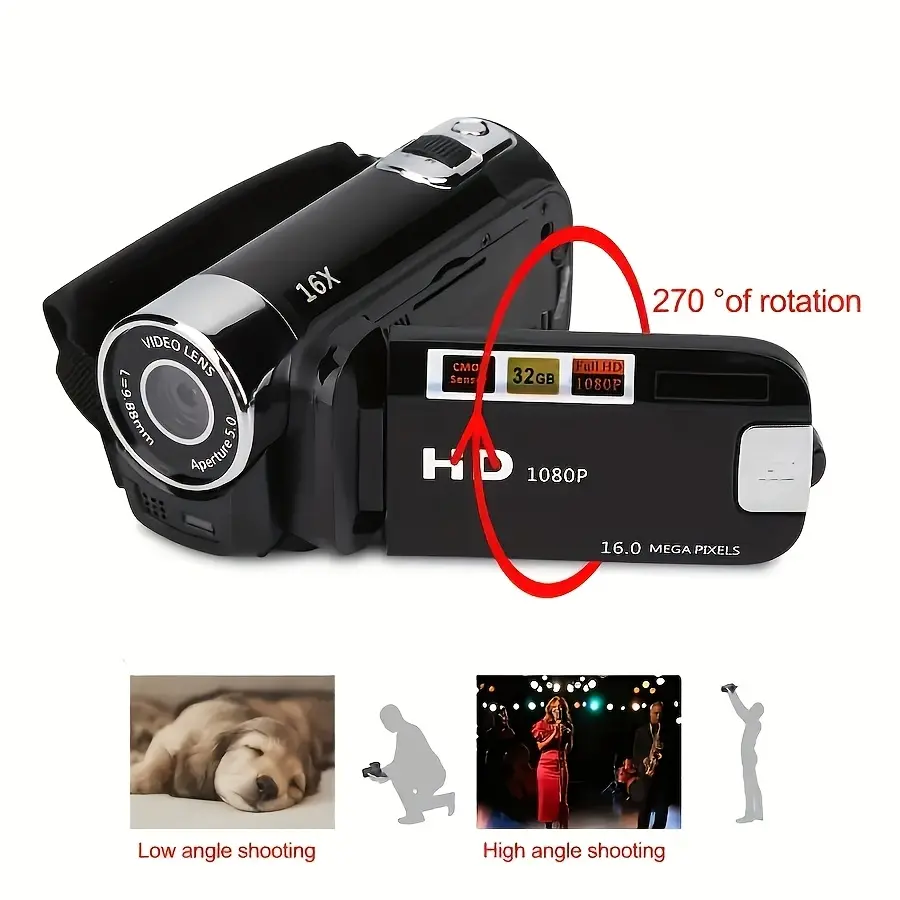A Camera with A 270° Rotating LED Flip Screen, Equipped with A 32GB Memory Card 16x Digital Zoom Camcorder, 1080P, 2.4-inch Screen Display, New High-definition Wide-angle Camera, Portable Camcorder, Suitable for Home And Outdoor Recording, A Camera