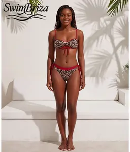 Briza｜Leopard Print Bandeau Bikini with Red Trim, Push Up Padded Top and Tie Side Bottoms, Retro Two-Piece Swimsuit Sets for Women, Trendy Vacation Swimwear Bathing Suits, Women's Swimwear, Bathing Suit for Women, Bikini Set, Two Piece Bathing Suit