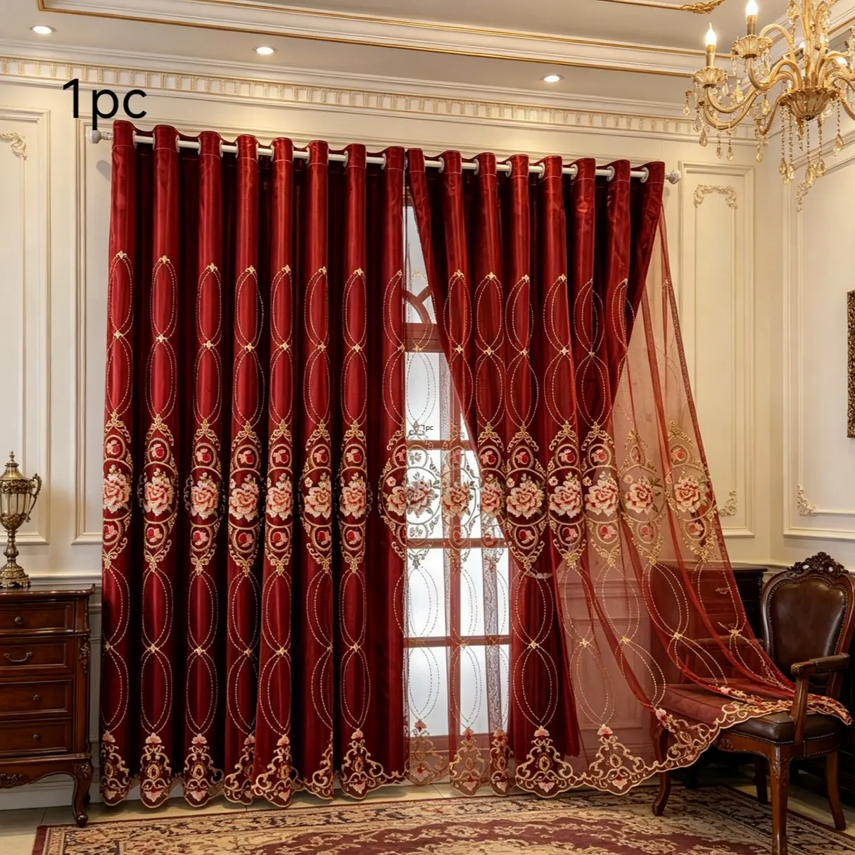 Embossed European Elegant Embroidered Home Decorative Curtain, Easy Install Hole Punch, Light Blocking, Living Room, Balcony, Bedroom, Home Office, Window Curtain