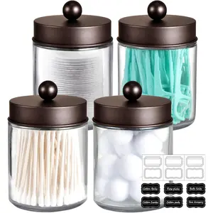 4 count  Jars Bathroom  Storage Organizer Set -Countertop Canister with Stainless Steel  &Cute Stickers - Qtip Dispenser Holder for Qtips, Swabs,Makeup Sponges (Bronze)