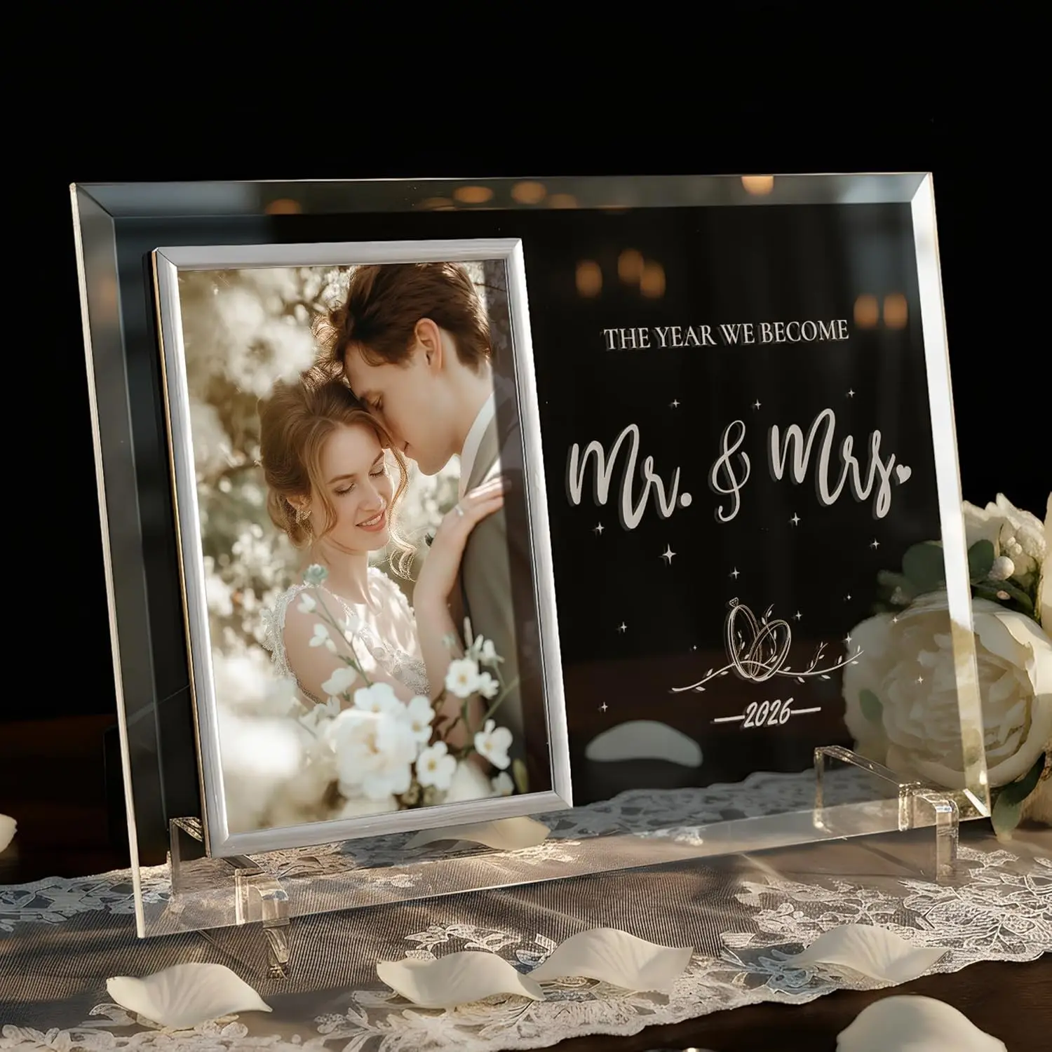 Wedding Gifts for Couples 2026 Engagement Anniversary Mr and Mrs Presents for Newlyweds Bridal Shower Gift for Bride to be Personalized 4x6 Glass Picture Frame for His and Her