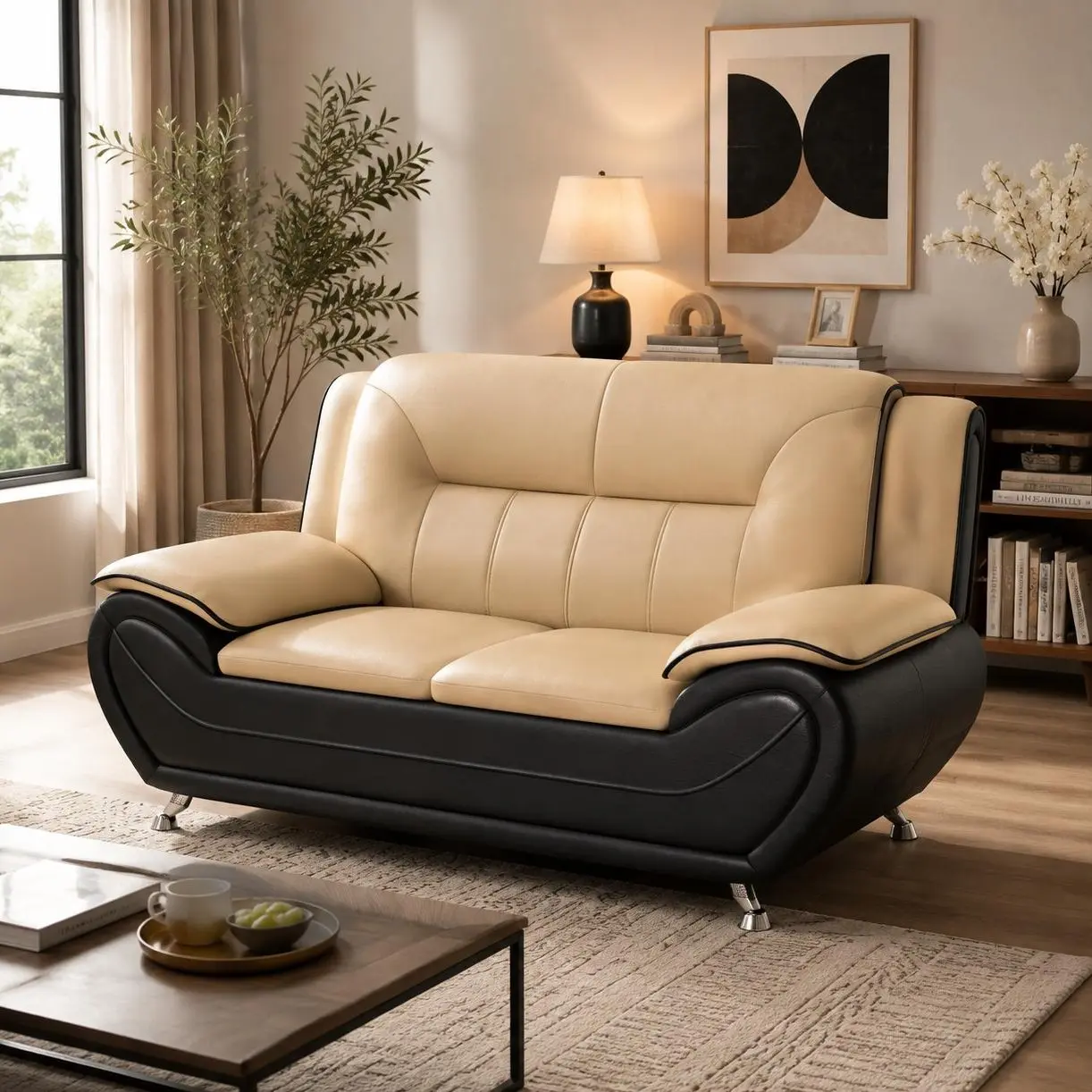 Luxury Modern Faux Leather Loveseat Sofa with Elegant Curved Design, Soft Upholstered Seat, Stainless Steel Legs, Comfortable 2 Person Couch for Living Room, Apartment, Office, Lounge and Contemporary Home Decor