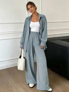 Two piece set of women's fashionable, high-end, relaxed, plain textured long sleeved shirt+high waist wide leg pants set, suitable for all seasons, suitable for short trips, exploring stores, shopping, daily home, workplace, commuting