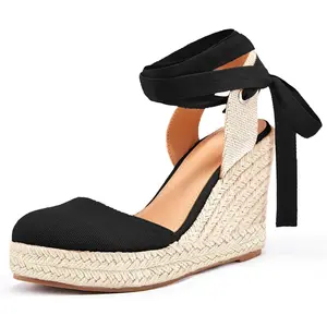 Coutgo Women's Espadrilles Wedge Sandals Platform Closed Toe Ankle Strap Lace Up Summer Shoes