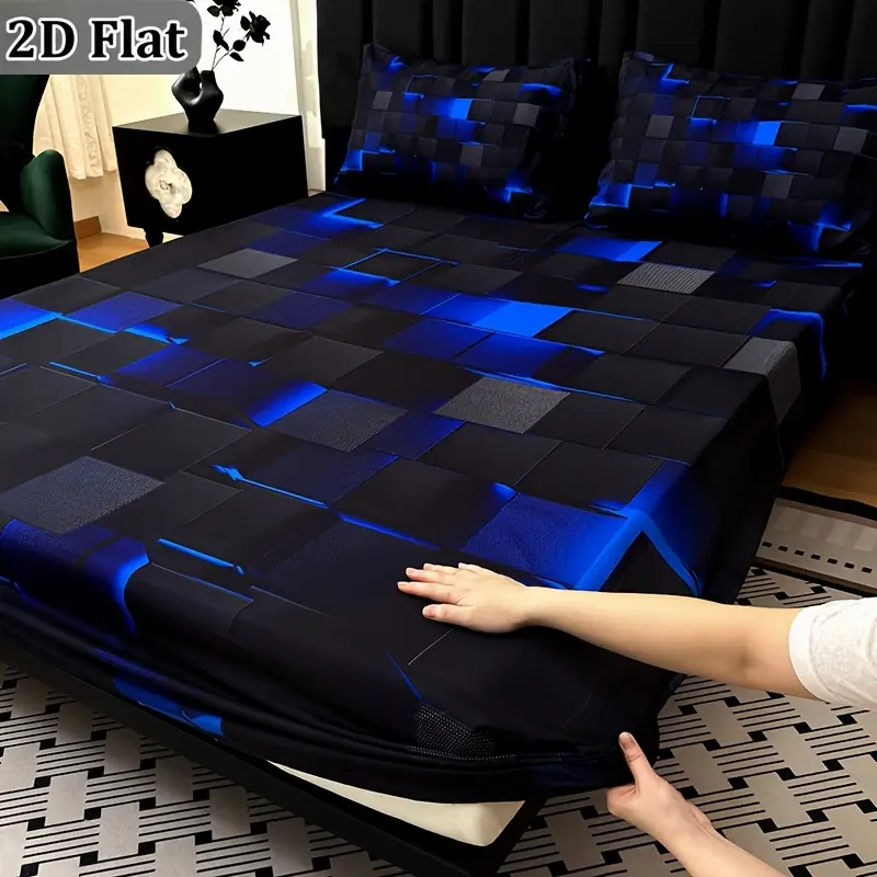 2D Flat 3pcs Cool Technology Digital Printing Material Plaid Fitted Sheet(1pc Bed Sheet+2pcs Pillowcase No Filling) Deep Pocket In 15 Inch, At Home Dormitory Suitable for All Seasons Mattress Protector