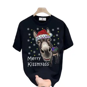 180g Merry "KissMyAss" Christmas Donkey T-Shirt for Family Holiday Gift,Funny Santa Hat Ugly Sweater Print,Xmas Office Party Tee