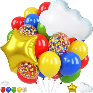 Red Yellow Blue Balloons, 12 Inch Red Yellow Blue Green Confetti Balloons with Cloud and Star Foil Balloon for Birthday Baby Shower Carnival Circus Party Decoration, Birthday Party Decorations