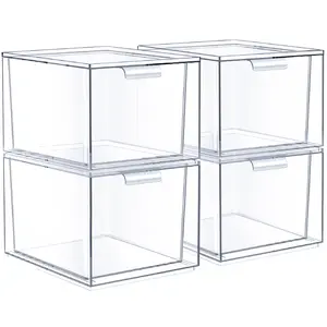 Sorbus Makeup Organizer Clear Stackable Acrylic Drawer Organizer Plastic Storage Bins for Office Organization and Storage - 4 Pack Boxes Smooth