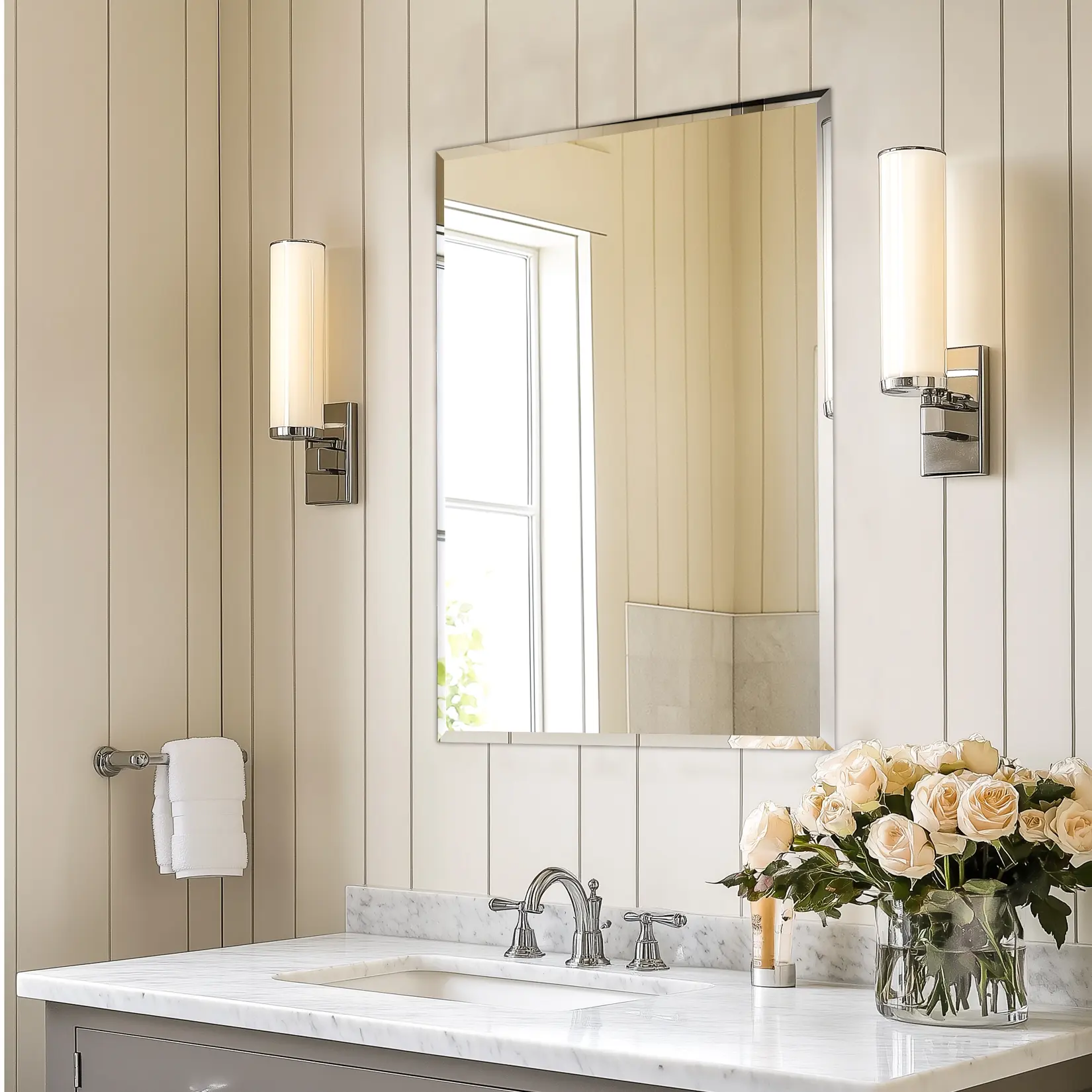 Frameless Rectangle Beveled Glass Wall Mirror - 6.9kg Reflective Versatile Wall Decor for Bathroom Vanity, Entryway Bathroom Fixtures