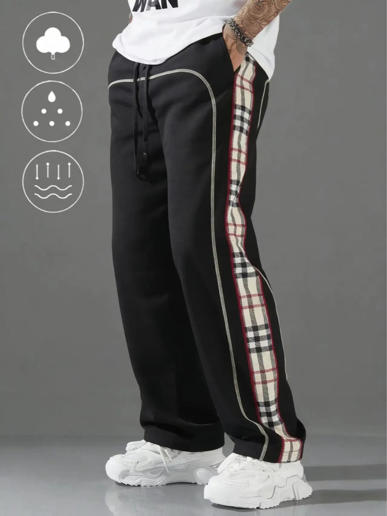 Men’s casual color-block striped plaid long pants with a drawstring waist and pockets; straight-leg color-block casual athletic pants—a fashionable piece for spring, summer, and autumn. Outfit Clothes