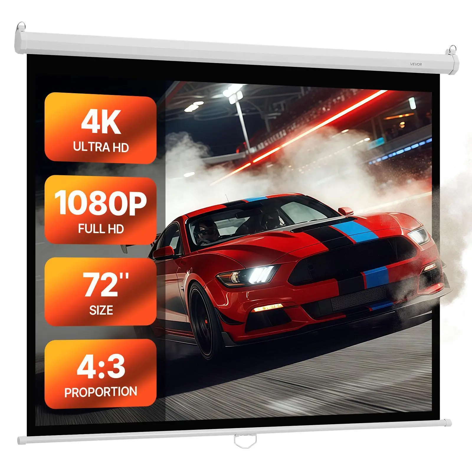 VEVOR Manual Retractable Pull-Down Projector Screen, 72" Size 4:3 4K 1080HD Wrinkle-Free High-Reflectivity Home Cinema Projector Screen, 160° Wide-Angle Wall-Mounted Display with Pull Rope for Home Office