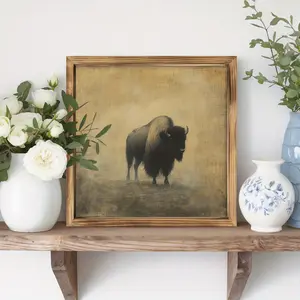 Farmhouse Wooden Framed Wall Art - 8x8 Inch Rustic Beige & Brown Buffalo/Bison, Wood Grain Frame, Beige/Brown/Black Tones, Neutral Palette for Bedroom,, Bathroom Decor - Housewarming Gift,