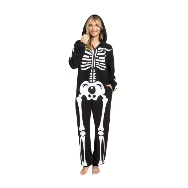 Adult Costumes for Women Skeleton Jumpsuit Pajama Zip-Up Hooded Jumpsuit Halloween Costume Fabric Womenswear