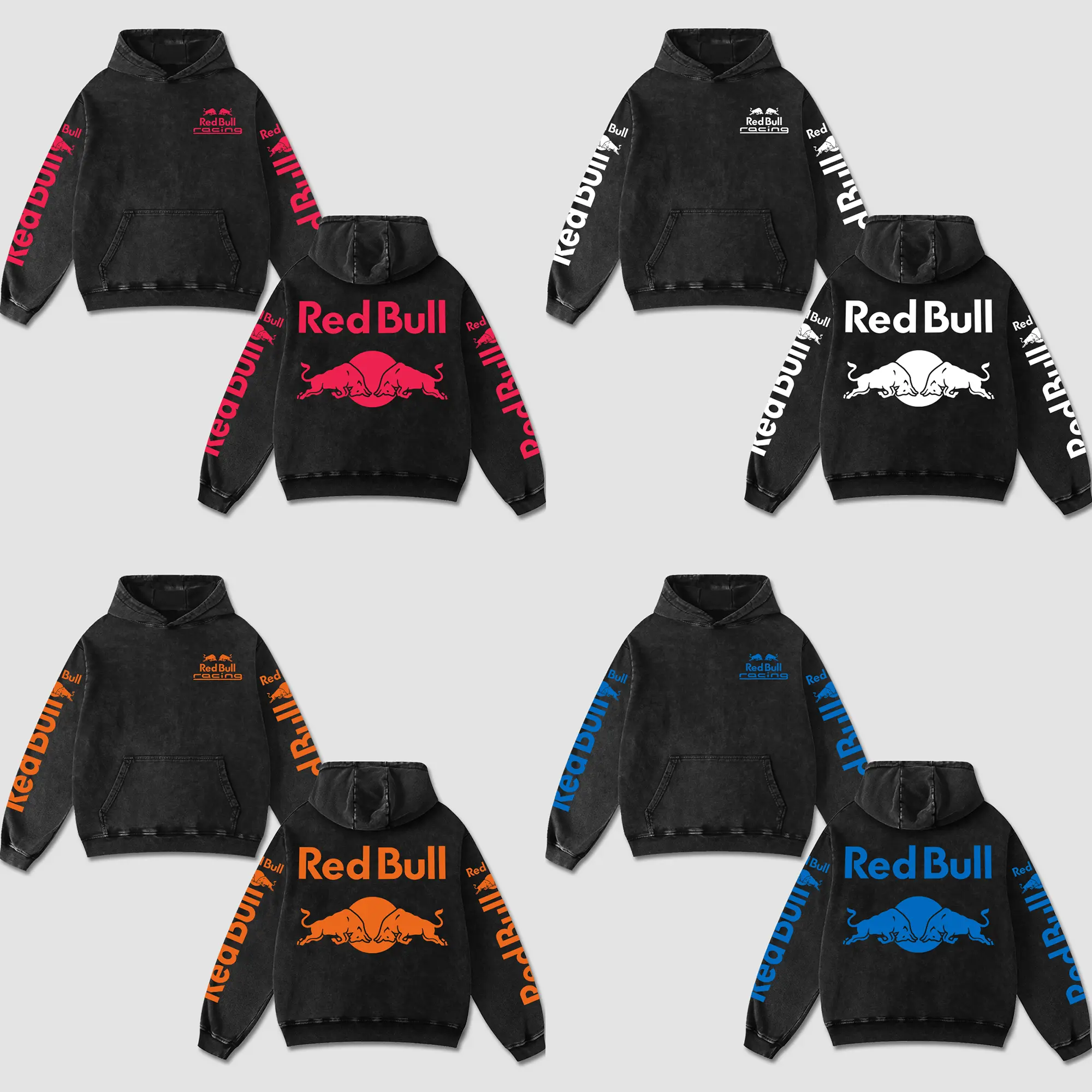 [Collections] Retro Redbull Racing Hoodie Acid Washed Motorsport Grand Prix Fan MotoGP World Champion Enthusiast Apparel Streetwear Racing Team Motorcycle Clothing Motobike Riders Supermotor Off-Road Dirt Bike Fan Gear Cotton For Motor Fan
