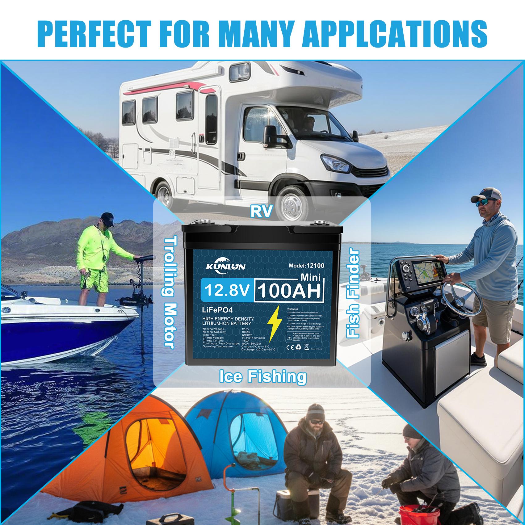 KUNLUN 12V 100Ah LiFePO4 High Capacity Battery Model 12100 - 100A Smart BMS, 5000+ Cycles, 1280Wh Energy, Maintenance-Free Rechargeable Outdoor Emergency Power Station for RV, Off-Grid Solar, Marine Trolling Motors KUNLUN 12V 100Ah LiFePO4 High Capacity Battery Model 12100 - 100A Smart BMS, 5000+ Cycles, 1280Wh Energy, Maintenance-Free Rechargeable Outdoor Emergency Power Station for RV, Off-Grid Solar, Marine Trolling Motors