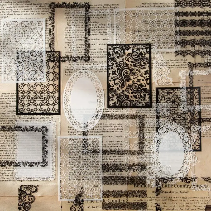 Lace Frame Pattern Sticker, 30pcs/set Vintage Lace Theme Decorative Sticker, DIY Decal For Scrapbooking, Journal Making, Gift Wrapping, Scrapbook Mate