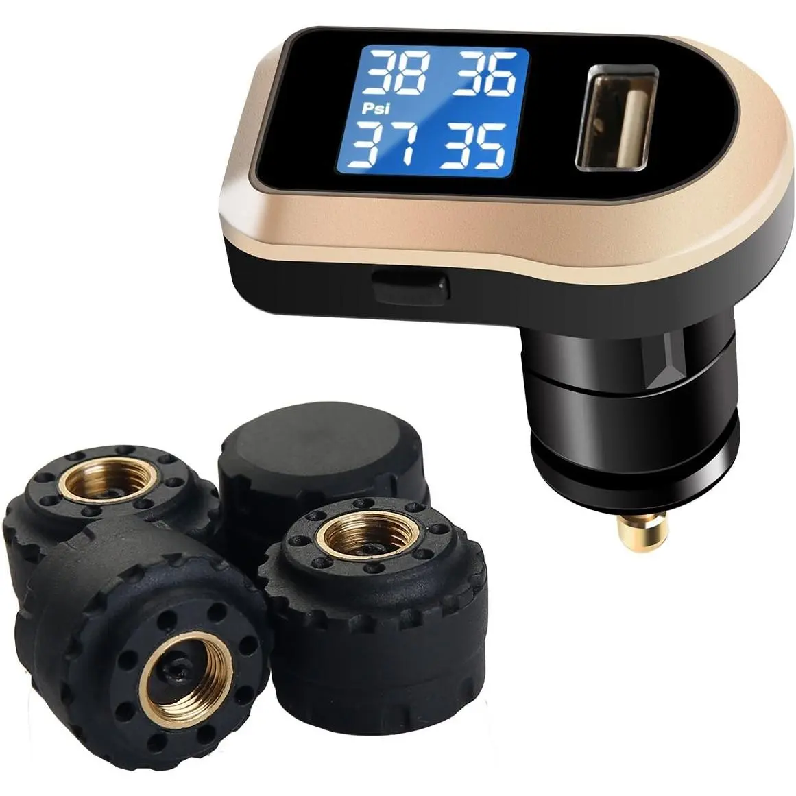 Car Tire Pressure Monitoring System (TPMS) for Passenger Cars - 12-24V Cigarette Lighter Plug, Real-Time LCD Display, 5 Alarm Modes, 4 Waterproof Sensors, 2 Years Battery Life, 0-6bar/0-87psi, USB Charging, Suitable for Rainy