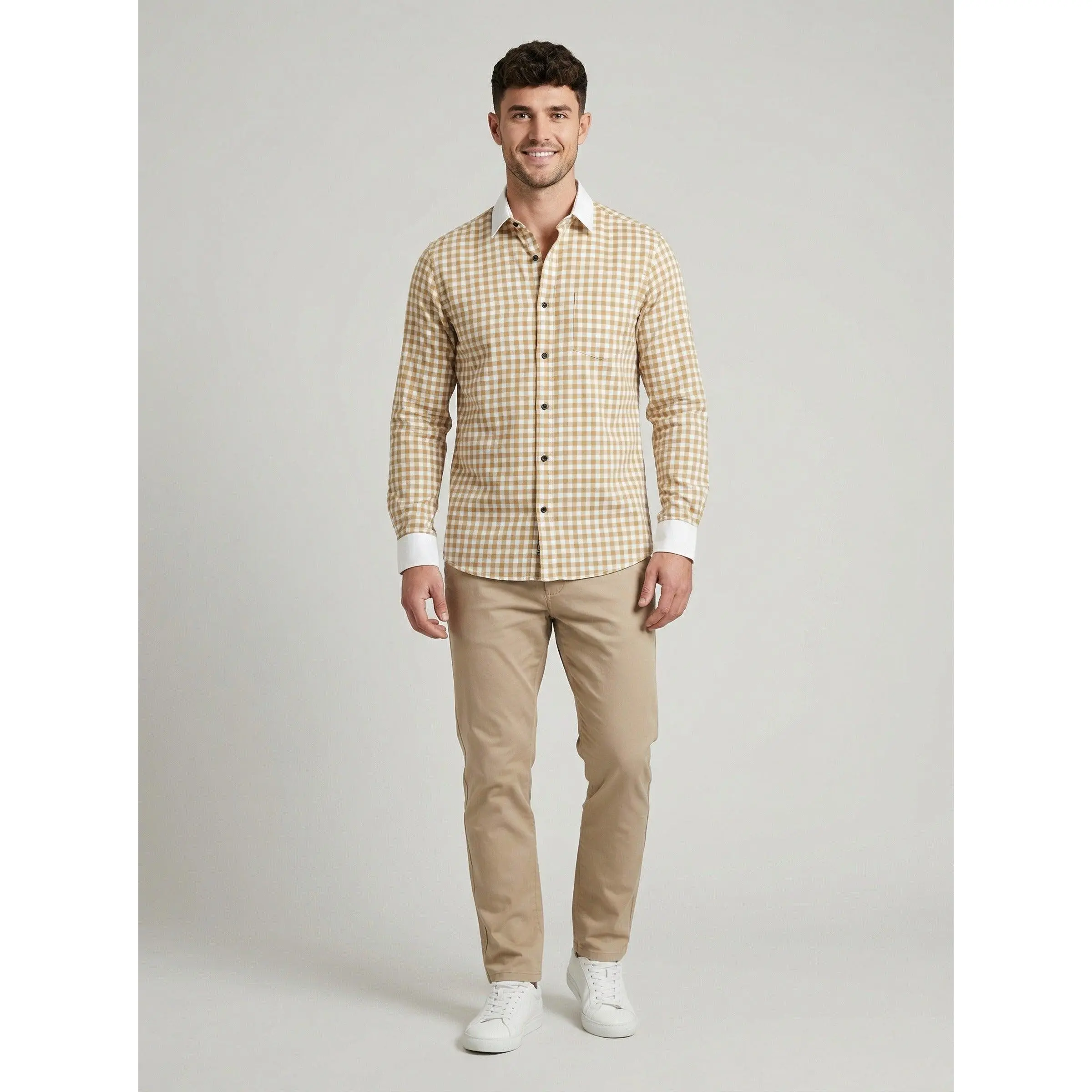 Men's Mustard Yellow Gingham Check Button-Down Shirt with Contrast Cuffs
