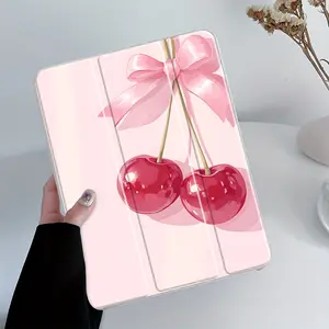 Sweet Cherry & Pink Bow iPad Case Transparent Acrylic Hard Back Panel With Pencil Slot, Suitable for Ipad mini pro air.Scratch-resistant Ultra-thin Protective Case, Shock-resistant Full Cover Protective Case for Offices Schools and Homes Tablet Casing